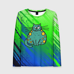 Лонгслив женский Прикольный зеленый кот, цвет: 3D-принт