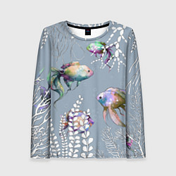Лонгслив женский Разноцветные акварельные рыбки и белые водоросли, цвет: 3D-принт