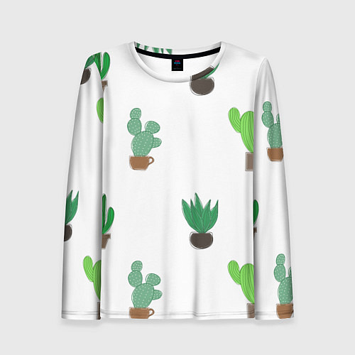 Женский лонгслив Кактусы в горшках, паттерн / 3D-принт – фото 1