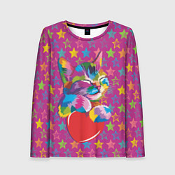 Лонгслив женский Сердечный котик в поп-арте, цвет: 3D-принт
