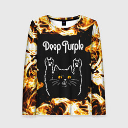 Лонгслив женский Deep Purple рок кот и огонь, цвет: 3D-принт