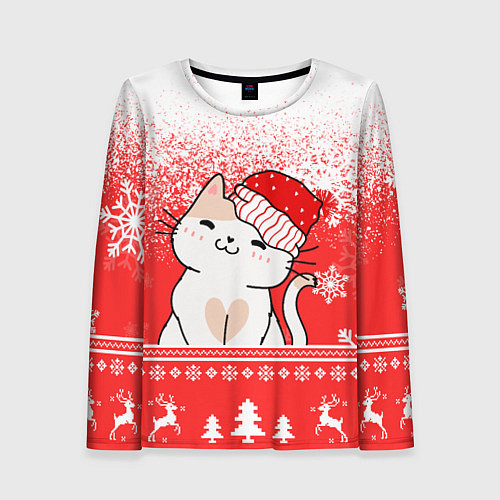 Женский лонгслив Новогодний милый котик / 3D-принт – фото 1