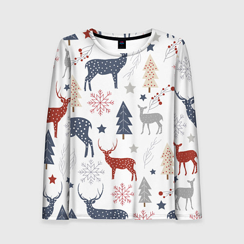 Женский лонгслив Олени в новогоднем лесу / 3D-принт – фото 1