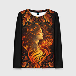 Женский лонгслив Девушка в стиле ар-нуво с огнем и осенними листьям