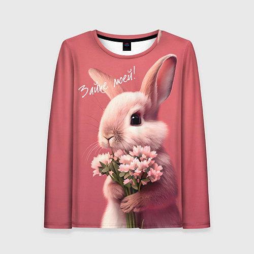 Женский лонгслив Розовый заяц с цветами / 3D-принт – фото 1