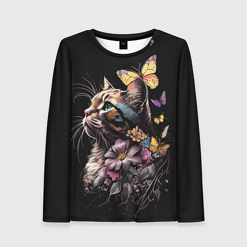 Женский лонгслив Голубоглазый кот в цветах / 3D-принт – фото 1