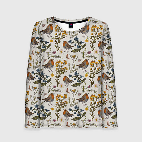 Женский лонгслив Птицы малиновки и зверобой / 3D-принт – фото 1