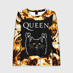 Лонгслив женский Queen рок кот и огонь, цвет: 3D-принт