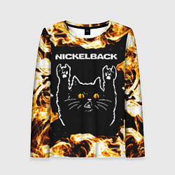 Лонгслив женский Nickelback рок кот и огонь, цвет: 3D-принт