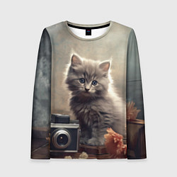 Женский лонгслив Серый котенок, винтажное фото