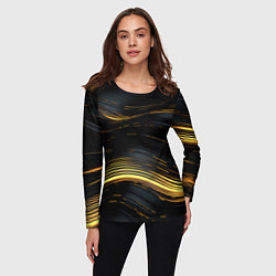 Лонгслив женский Золотые волны на черном фоне, цвет: 3D-принт — фото 2