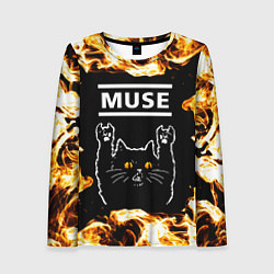 Лонгслив женский Muse рок кот и огонь, цвет: 3D-принт