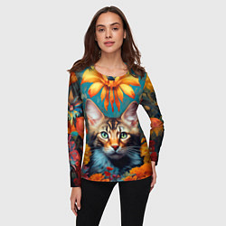 Лонгслив женский Дикая кошка в цветах, цвет: 3D-принт — фото 2
