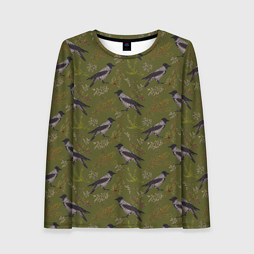 Женский лонгслив Вороны и еловые веточки / 3D-принт – фото 1