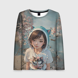 Лонгслив женский Девчонка в капюшоне с ушками, цвет: 3D-принт