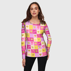 Лонгслив женский Барби: желтые и розовые квадраты паттерн, цвет: 3D-принт — фото 2