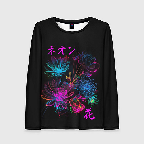 Женский лонгслив Неоновые цветы - японский стиль / 3D-принт – фото 1