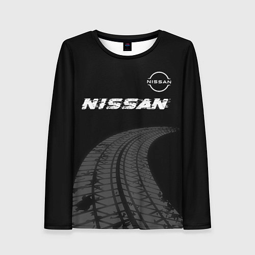 Женский лонгслив Nissan speed на темном фоне со следами шин: символ / 3D-принт – фото 1