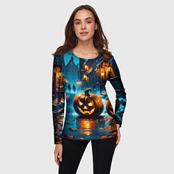 Лонгслив женский Темная ночная улица и жуткие тыквы, цвет: 3D-принт — фото 2