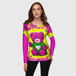 Лонгслив женский Розовый мишка в вязаном свитере, цвет: 3D-принт — фото 2
