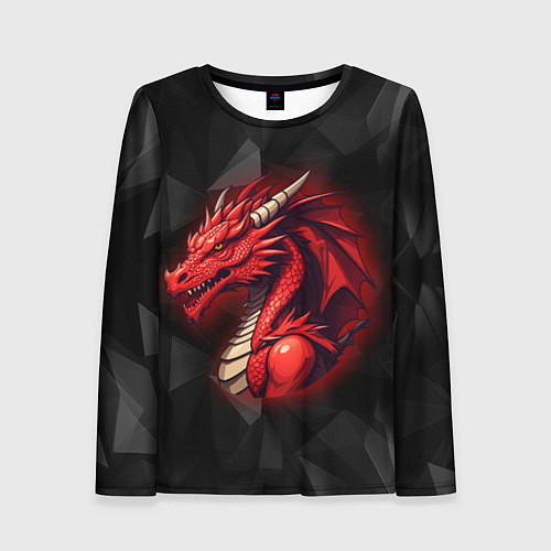 Женский лонгслив Красный дракон на полигональном черном фоне / 3D-принт – фото 1