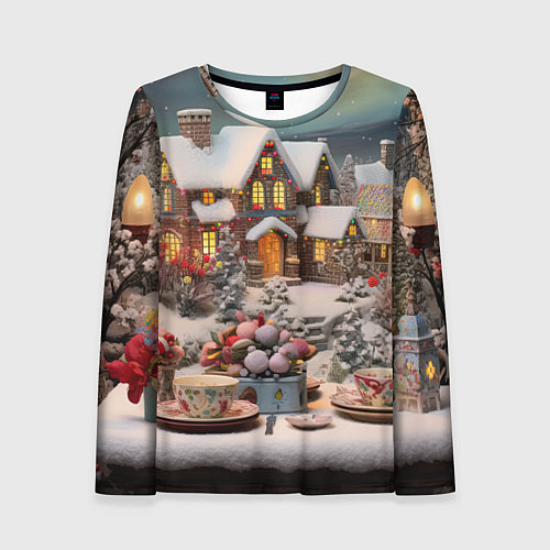 Женский лонгслив Объемные новогодние домики / 3D-принт – фото 1
