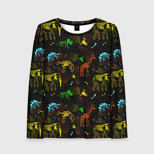 Женский лонгслив Скелеты динозавров неон / 3D-принт – фото 1