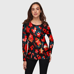 Лонгслив женский Рождественские узоры красные, цвет: 3D-принт — фото 2