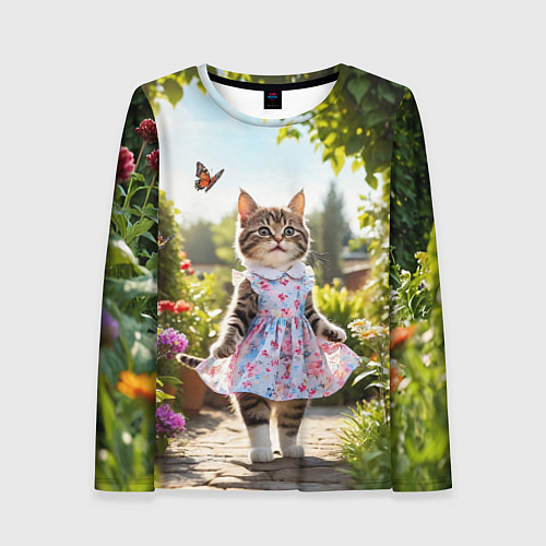 Женский лонгслив Кошка в летнем платье в саду / 3D-принт – фото 1