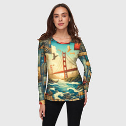 Лонгслив женский Мост через реку и пэчворк - нейросеть арт USA brid, цвет: 3D-принт — фото 2