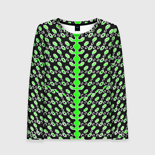 Женский лонгслив Зелёные киберпанк ячейки на чёрном фоне / 3D-принт – фото 1
