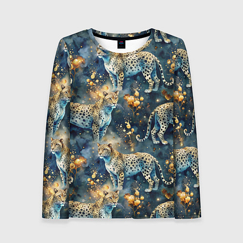 Женский лонгслив Леопард и золотые капли на синем фоне / 3D-принт – фото 1