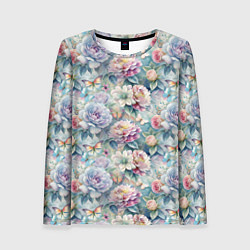 Лонгслив женский Цветы и бабочки летний паттерн, цвет: 3D-принт