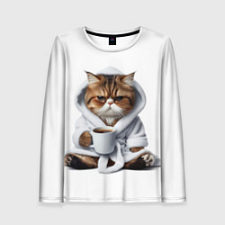 Женский лонгслив Котик в халате и кофе
