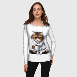 Лонгслив женский Котик в халате и кофе, цвет: 3D-принт — фото 2