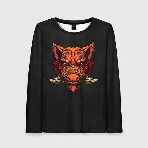 Женский лонгслив Красный дикий кабан на темном фоне / 3D-принт – фото 1