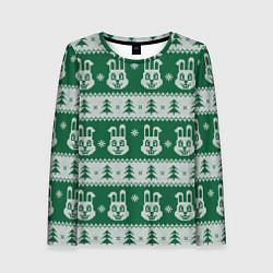 Лонгслив женский Вязаный зимний узор с зайцами и ёлками, цвет: 3D-принт