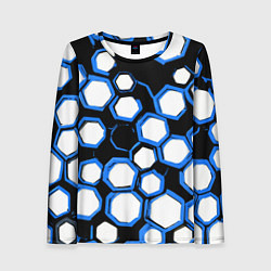 Лонгслив женский Бело-синие шестиугольники на чёрном фоне, цвет: 3D-принт