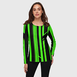 Лонгслив женский Толстые зелёные полосы на чёрном фоне, цвет: 3D-принт — фото 2