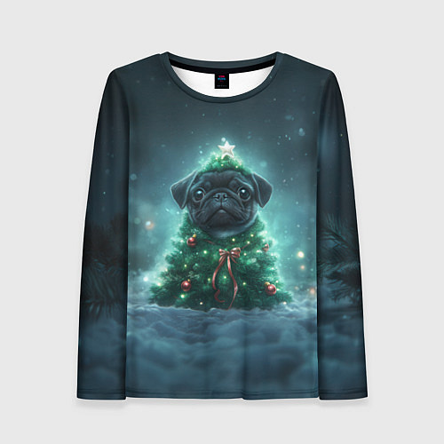 Женский лонгслив Черный мопс - елка / 3D-принт – фото 1
