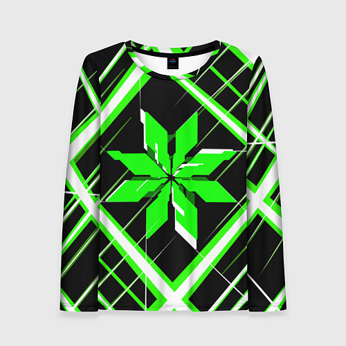 Женский лонгслив Зелёно-белая звезда и полосы на чёрном фоне / 3D-принт – фото 1