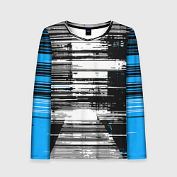 Лонгслив женский Горизонтальные чёрные линии на бело-синем фоне, цвет: 3D-принт