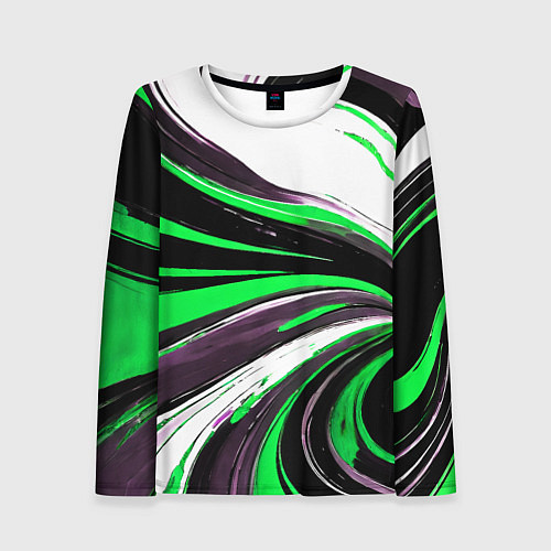 Женский лонгслив Волнистые чёрно-зелёные линии на белом фоне / 3D-принт – фото 1