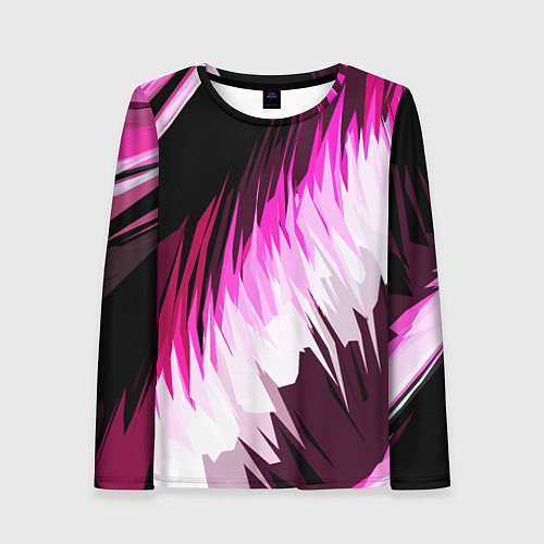 Женский лонгслив Бело-розовые острые полосы на чёрном фоне / 3D-принт – фото 1