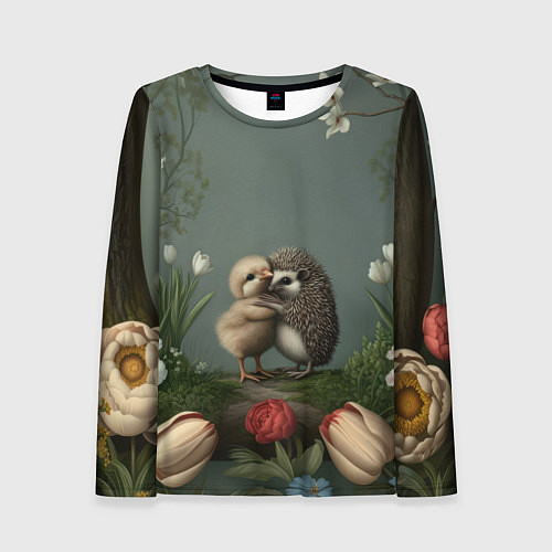 Женский лонгслив Ежик и цыпленок обнимаются / 3D-принт – фото 1