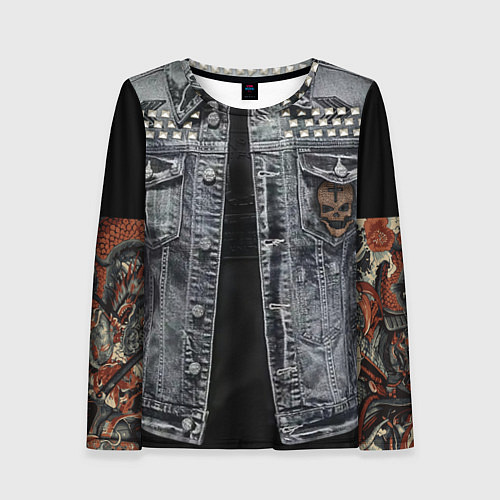 Женский лонгслив Джинсовка с черепом и татуировкой дракона / 3D-принт – фото 1