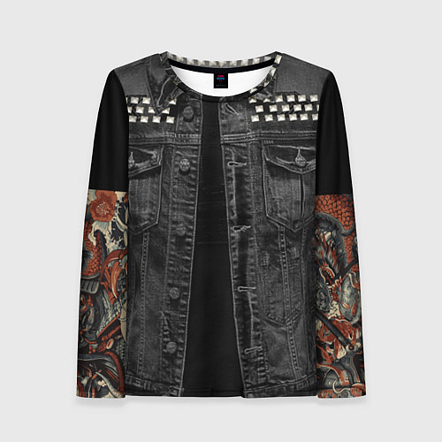 Женский лонгслив Джинсовка с татуировкой дракона и самурая - имитац / 3D-принт – фото 1