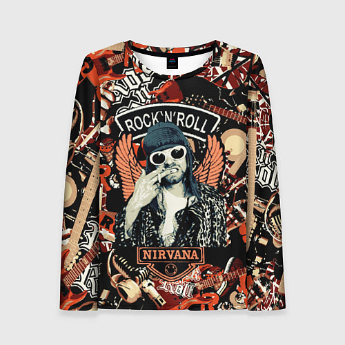 Женский лонгслив Nirvana Kurt Cobain на фоне гитар / 3D-принт – фото 1