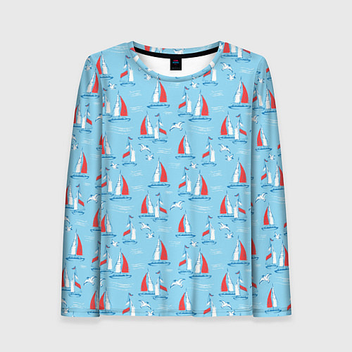 Женский лонгслив Морской паттерн с парусными лодками и чайками / 3D-принт – фото 1