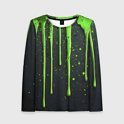 Женский лонгслив Зеленая краска стекающая на черном фоне